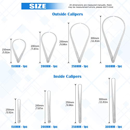 Glarks 8Pcs Stainless Steel Inside Outside Caliper Set, 4'' 8'' 10'' 12'' Straight/Bent Leg Ceramic Pottery Measuring Tools for Carving, Shaping, Glarks