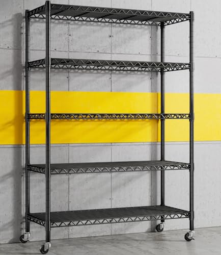 REIBII 73''H Storage Shelves 1780LBS Wire Shelving Unit with Wheels 5 Tier Metal Shelving,Heavy Duty Metal Shelves for Storage Rack,73''HX35''WX15''D REIBII