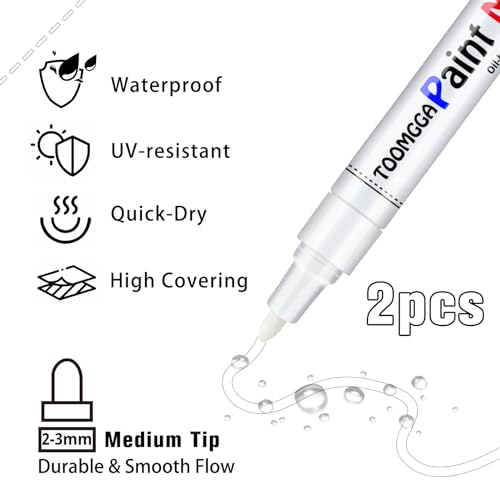 White Paint Pen Permanent Paint Markers - 2 Pack Oil Based Paint Markers, Medium Point, Quick Drying and Waterproof Paint Pens for Rock Painting Car TOOMGGA