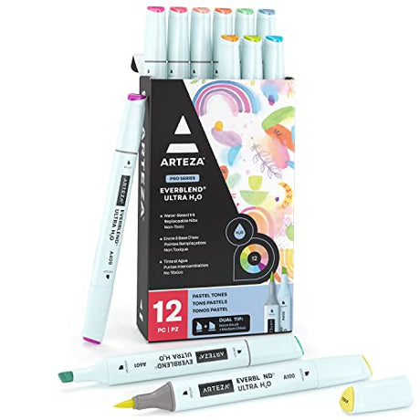 ARTEZA Dual Tip Brush Pens, 12 Pastel Tones, EverBlend Watercolor Calligraphy Markers, Nylon Brush and Medium Chisel Tip, Water-Based Ink ARTEZA