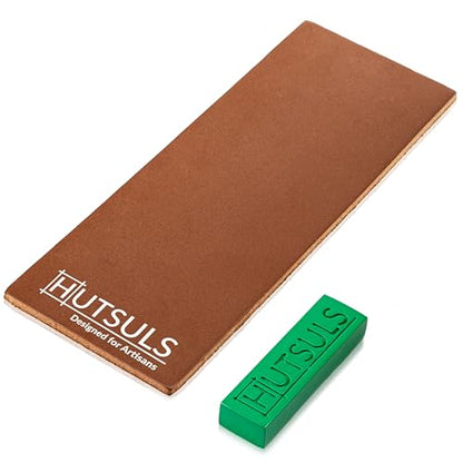 Hutsuls Brown Leather Strop with Compound - Get Razor-Sharp Edges with Stropping Kit, Green Honing Compound & Vegetable Tanned Two Sided Knife - WoodArtSupply