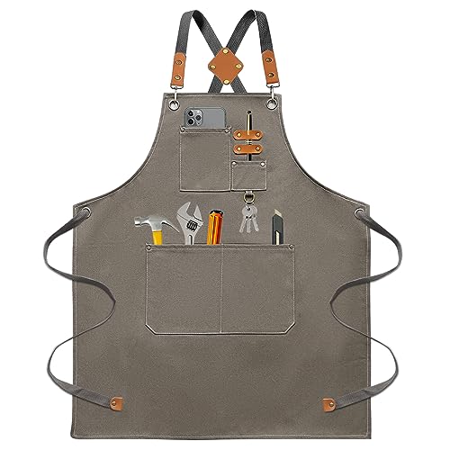 Bluegogo Chef Aprons for Men Women, Cotton Canvas Cross Back Adjustable Apron with Large Pockets for Kitchen Garden Salon,Size M to XXL (Grey) - WoodArtSupply