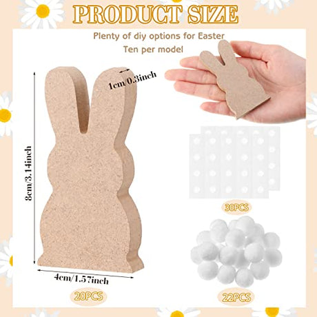 Gerrii 20 Pcs Easter Wooden Bunny Cutouts Unfinished Peep Bunny Table Wooden Signs with 22 White Felt Balls, Blank Bunny Wood Shaped Craft Tags, 30 Gerrii