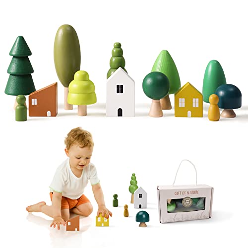 Promise Babe Wooden Tree Toys - Montessori Wooden Blocks Stacking Toys for Toddlers, Miniature Trees & House Various Sizes Woodland Creative Craft Promise Babe