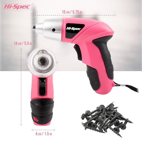 Hi-Spec 27pc 3.6V Pink USB Small Power Electric Screwdriver Set. Cordless & Rechargeable with Driver Bit Set - WoodArtSupply