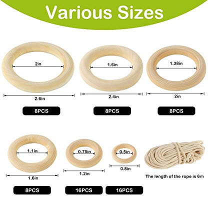 BigOtters Wooden Rings for Craft, Smooth Unfinished Wooden Ring 64 PCS 6 Sizes Natural Wood Circles for DIY Craft, Ring Pendant and Connectors - WoodArtSupply