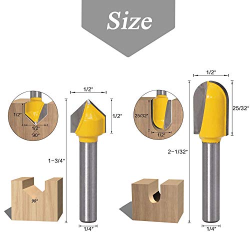 Mesee 6Pcs Carbide 90 Degree V Groove Router Bit Set Core Cove Box Round Nose V Grooving Router Bits V-Groove Router Bit Woodworking Cutter Tool for Mesee