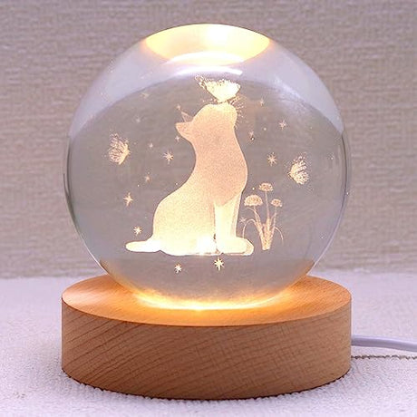 3.15in 3D Cat Figurine Crystal Ball Lamp, Cat Light Lamp with Wooden Base, Cat Gifts for Cat Lovers, Cat Stuff for Cat Lovers, Birthday Christmas Shellvcase