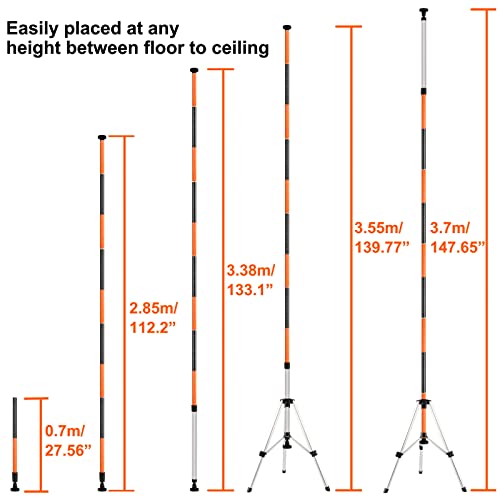 KEZERS Laser Level Pole with Tripod,12Ft./3.7M Telescoping Pole for Laser Levels,1/4”-20 Laser Mount for Rotary and Line Laser Level,Adjustable Pole - WoodArtSupply
