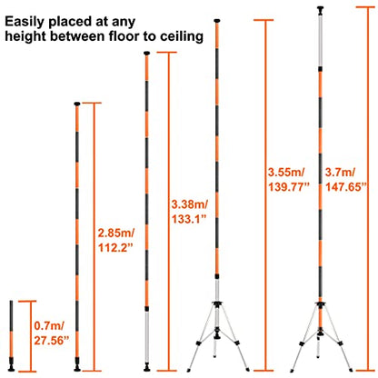 KEZERS Laser Level Pole with Tripod,12Ft./3.7M Telescoping Pole for Laser Levels,1/4”-20 Laser Mount for Rotary and Line Laser Level,Adjustable Pole - WoodArtSupply