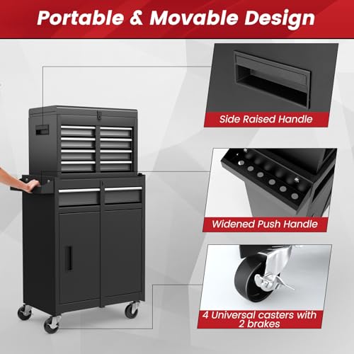 ERGOMASTER Rolling Tool Chest - Heavy Duty Material & Lockable Top-Box & Storage Cabinet for Garage and Workshop - 5-Drawer Tool Box & Black ERGOMASTER