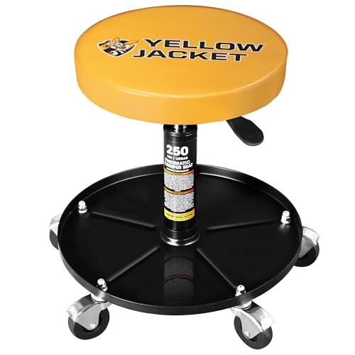 YELLOW JACKET Rolling Mechanics Seat, 250 LBS Capacity Heavy-Duty Pneumatic Adjustable Garage Stool with Tool Tray YELLOW JACKET