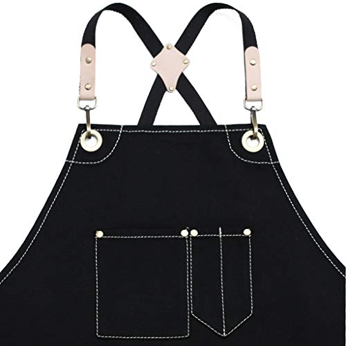 Jeanerlor Work Apron Waxed Canvas Stylist Apron with Pockets Water-Resistant Tool Aprons for Women Cross Back Straps Adjustable S-M（Black） - WoodArtSupply