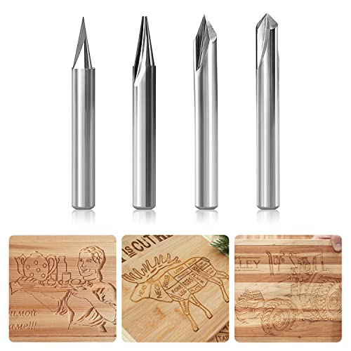 SILIVN Engraving CNC Wood Carving Router Bit 1/4 Shank 15°/20°/60°/90° Engraving Bits, 2 Flutes Straight CNC V-bit Tungsten Steel Marking Conical SILIVN