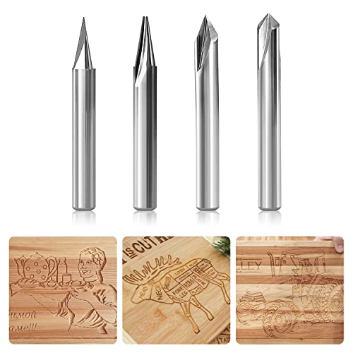 SILIVN Engraving CNC Wood Carving Router Bit 1/4 Shank 15°/20°/60°/90° Engraving Bits, 2 Flutes Straight CNC V-bit Tungsten Steel Marking Conical