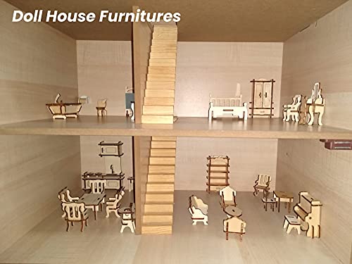 BOHS 34-Piece Dollhouse Furniture Set - Laser Cut Wooden 3D Puzzles - Miniature Doll House DIY Models and Accessories