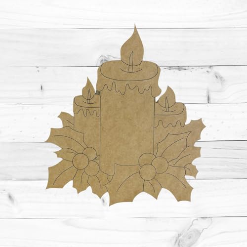 Christmas Candle with Holly & Berries, Christmas Shapes, Unfinished Wood Cutout, Paint by Line Build-A-Cross