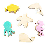 PLYDOLEX 24 Pieces Unfinished Wooden Cutouts Sea Animals Cutouts - 6 Shapes of Fish Cutouts: Wooden Stars, Dolphin Cutout, Octopus Cutout and Others Plydolex
