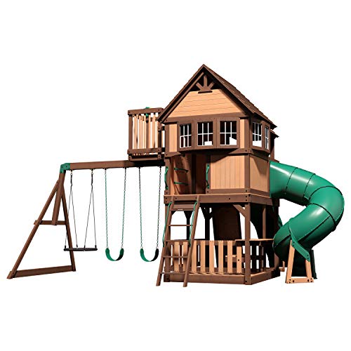 Backyard Discovery Skyfort All Cedar Swing Set, Elevated Covered Wood Roof Clubhouse with Bay Windows, 2 Belt Swings, Web Swing, 10ft Wave Slide, 5 Backyard Discovery