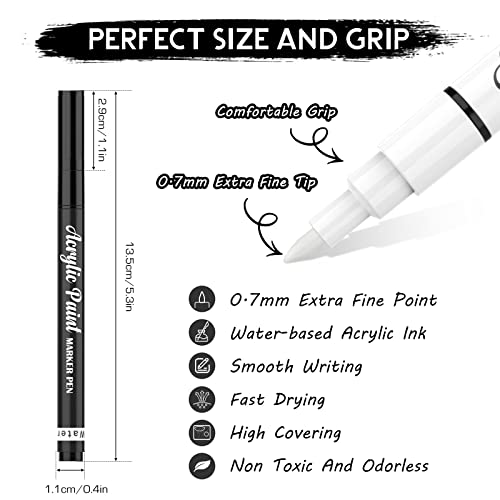 White Paint Pen, 8 Pack 0.7mm Acrylic Paint Pens Acrylic Markers 6 White 2 Black Paint Pens for Rock Painting Wood Canvas Glass Metallic Ceramic Tire SUPKIZ