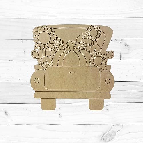 Fall Truck with Pumpkin, Sunflowers and Cotton, Fall Shape, Unfinished Wood Cutout, Paint by Line, Build-A-Cross - WoodArtSupply