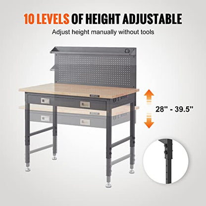 VEVOR Workbench Adjustable Height 28-39.5" Work Bench for Garage Oak Plank & Carbon Steel Heavy Duty Workbench 2000lbs Weight Capacity Bench top Size - WoodArtSupply