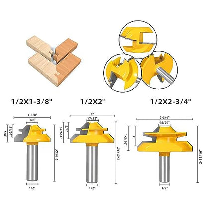 TOTOWOOD 45 Degree Lock Miter Router Bit 3-Piece Set, for 31/64", 3/4",1", Cutting Height, 1/2 Inch Shank.Woodworking Tools Joint Router Bits (3PCS - WoodArtSupply