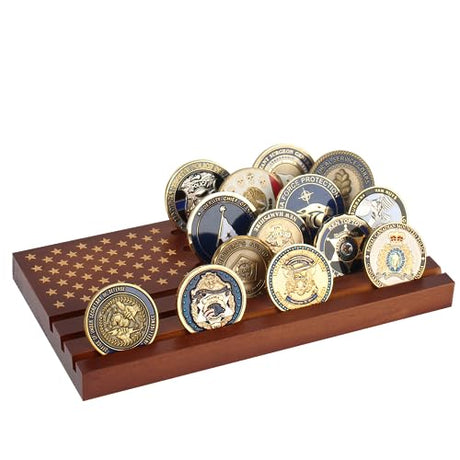 Samplife Coin Rack,Challenge Coins Display Stand Shelves Wooden Army Collectible Coins Holder Rack Case 6 Row Display American Flag Samplife