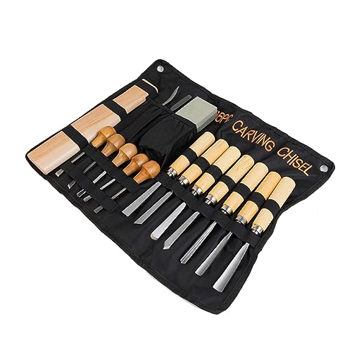 Wood Carving Tools Set of 16 Chisels with Canvas Case,Gouges and Woodworking Chisel Set with Sharpening Stone and Wooden Blocks for Beginners
