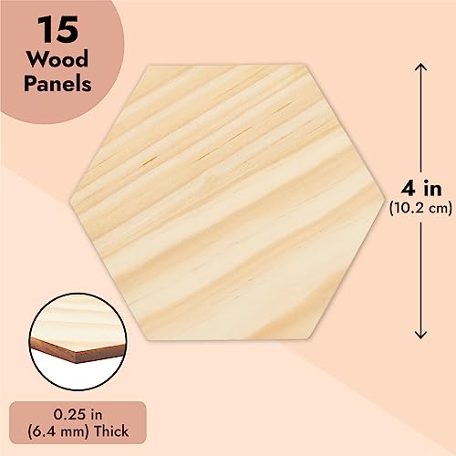 15 Pack Unfinished Wooden Hexagon Cutouts for Crafts, 1/4" Thick for Wood Burning, Engraving (4 x 4 in) Bright Creations