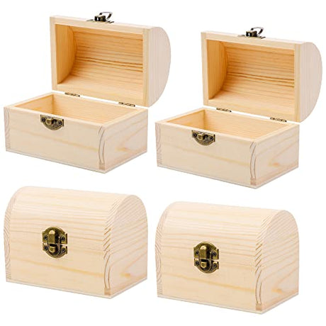 ADXCO 4 Pieces Unfinished Wood Treasure Chest Pine Wood Box with Hinged Lid Wooden Mini Treasure Box for DIY Crafts Art Hobbies Projects Jewelry Gift ADXCO