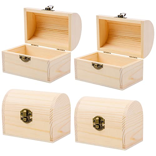 ADXCO 4 Pieces Unfinished Wood Treasure Chest Pine Wood Box with Hinged Lid Wooden Mini Treasure Box for DIY Crafts Art Hobbies Projects Jewelry Gift