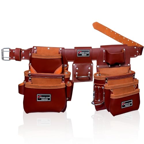 RISING STAR 100% GENUINE BROWN LEATHER TOOL POUCH WITH BELT- MINI TOOL BAG FOR NAILS, HAMMER, PILERS & TAPE MEASURE HOLDER BEST TOOL POUCH FOR WoodArtSupply