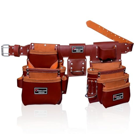 RISING STAR 100% GENUINE BROWN LEATHER TOOL POUCH WITH BELT- MINI TOOL BAG FOR NAILS, HAMMER, PILERS & TAPE MEASURE HOLDER BEST TOOL POUCH FOR WoodArtSupply