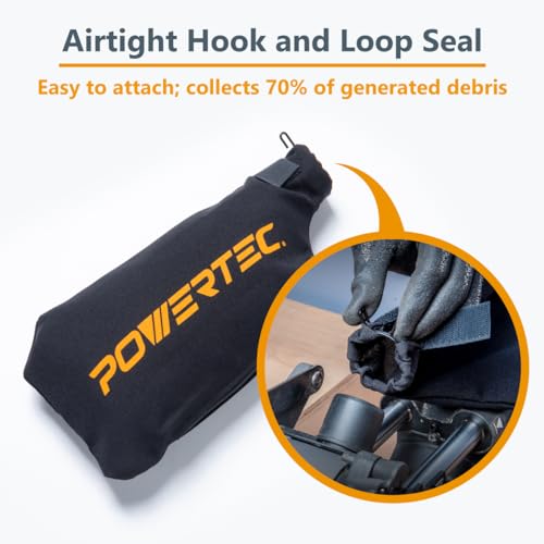 POWERTEC 75081 Miter Saw/Track Saw Dust Bag fits Nominal 1-1/2" Dust Ports, Expands to 1-5/8", Hook and Loop Dust Collector Bag with Zipper and Wired POWERTEC