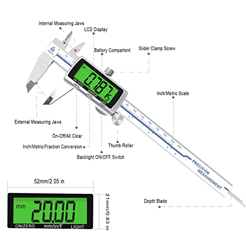 Digital Caliper Electronic Measuring Tool,Digital Vernier Caliper Inch/Millimeter/Fraction Measurement Caliper for Jewelry-Metal Metric Measure ACEMETER