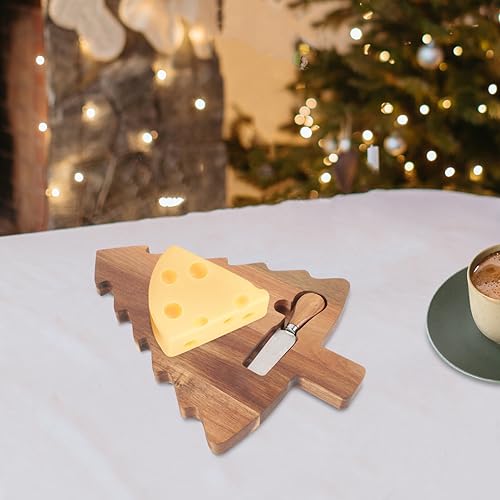 Amosfun Christmas Tree Charcuterie Board Wood Cutting Board Food Serving Tray Cheese Bread Pizza Snack Plate with Cutter for Vegetables Fruit Bread - WoodArtSupply