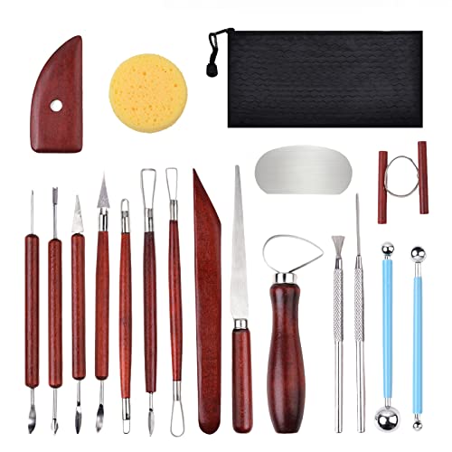 Blisstime 18PCS Clay Sculpting Tools, Basic Clay Pottery Carving Tool Kit with Wooden Handles and Tool Bag Blisstime