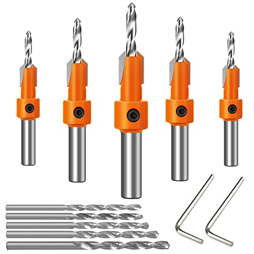 ASNOMY 10Pcs Wood Countersink Drill Bit Set, 5Pcs Countersink Drill Bit with 5Pcs Extra Pilot Drill bit, Tapered Drill Bits with 5/16" Round Shank, ASNOMY
