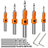ASNOMY 10Pcs Wood Countersink Drill Bit Set, 5Pcs Countersink Drill Bit with 5Pcs Extra Pilot Drill bit, Tapered Drill Bits with 5/16" Round Shank, ASNOMY