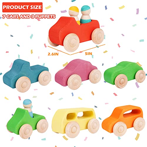 Agirlgle Montessori Wooden Car Toys - 7 Rainbow Wooden Vehicle Set Toy for Toddlers and Babies 3 Wooden Peg Doll, Colorful Pretend Play Wooden Push Agirlgle