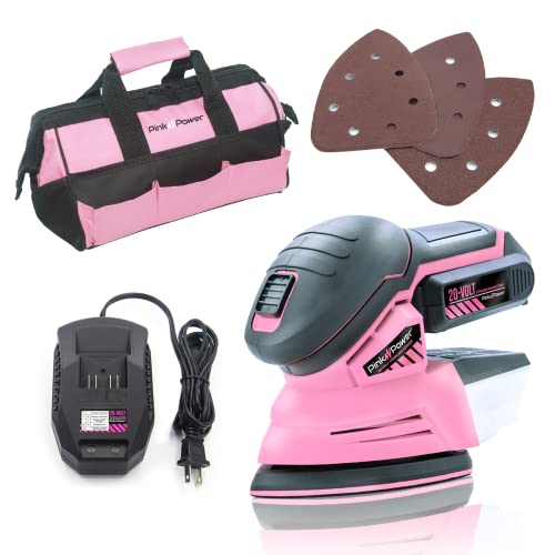 Pink Power Detail Sander for Woodworking 20V Cordless Electric Hand Sander for Wood Furniture - Mini Palm Sander Tool with Sandpaper, Li-Ion Battery Pink Power