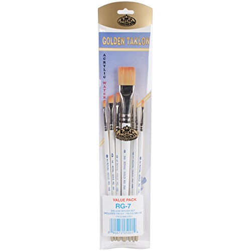 Royal Gold Royal & Langnickel, 7pc Variety Brush Set, Includes - Wash, Shader, Angular, Filbert & Liner Brushes - WoodArtSupply