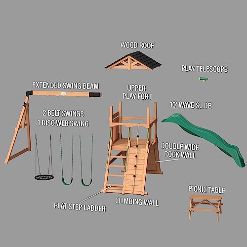 Backyard Discovery Endeavor II All Cedar Wood Swing Set Playset for Backyard with Wave Slide Climbing Wall with Rope Picnic Table Double Wide Rock Backyard Discovery