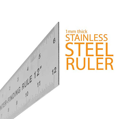 Stainless Steel Center Finding Ruler. Ideal for Woodworking, Metal Work, Construction and Around The Home (12" Ruler) - WoodArtSupply