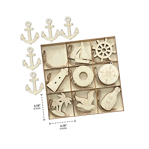45 Pack Unfinished Nautical Wood Cutouts for Crafts, Wooden Anchor,Sailboat,Ship Wheel,Compass for DIY Project 3.5 Inch 5 Peices Each Cregugua