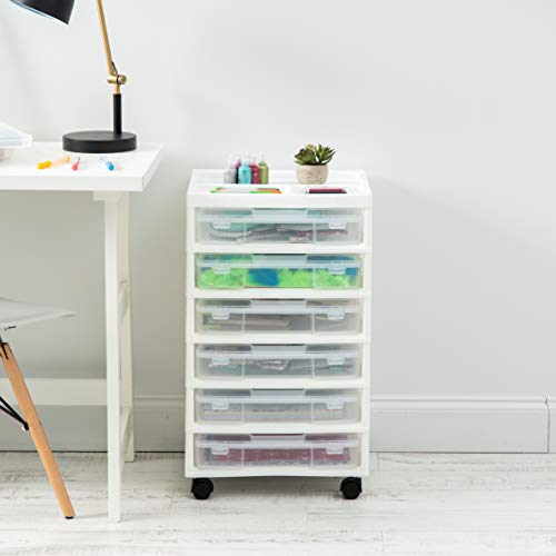 IRIS USA 6-Tier Scrapbook Storage Cart with Organizer Top for Papers, Vinyl, Office, Art and Crafting Supplies, White with 6 Clear Scrapbook Cases IRIS