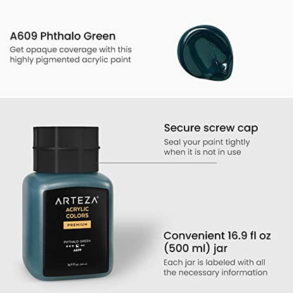 ARTEZA Acrylic Paint, A609 Phthalo Green, 16.9 fl oz, 500ml Jar, Opaque, Quick-Drying, Acrylic Paints for Painting on Canvas, Paper, Wood - WoodArtSupply