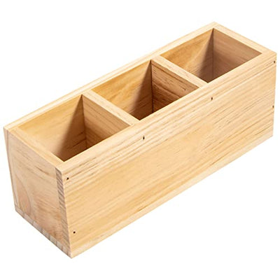 Useekoo Wood Pencil Holder, Wood Desk Organizers and Accessories 3 Compartment, Rustic Remote Control Holder, Wooden Caddy Office Supplies for Home,
