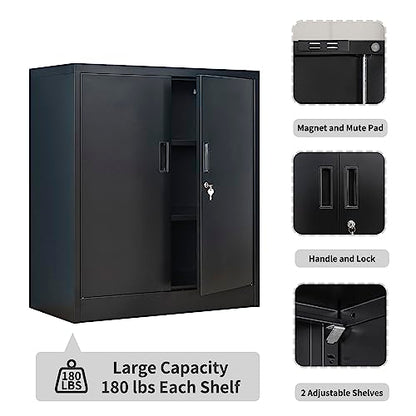 Wanfu Metal Storage Cabinet with Locking Doors and Adjustable Shelves, 36.2" H Steel Storage Cabinet for Garage, Home, Office, Utility Room-Black - WoodArtSupply